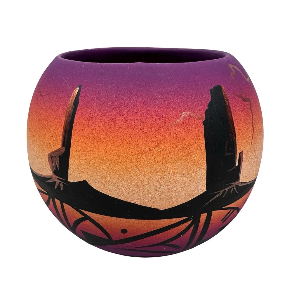 Jay Navajo‎ Hand Painted Purple Orange Desert Sunset Seed Pot Pottery Vase 4in